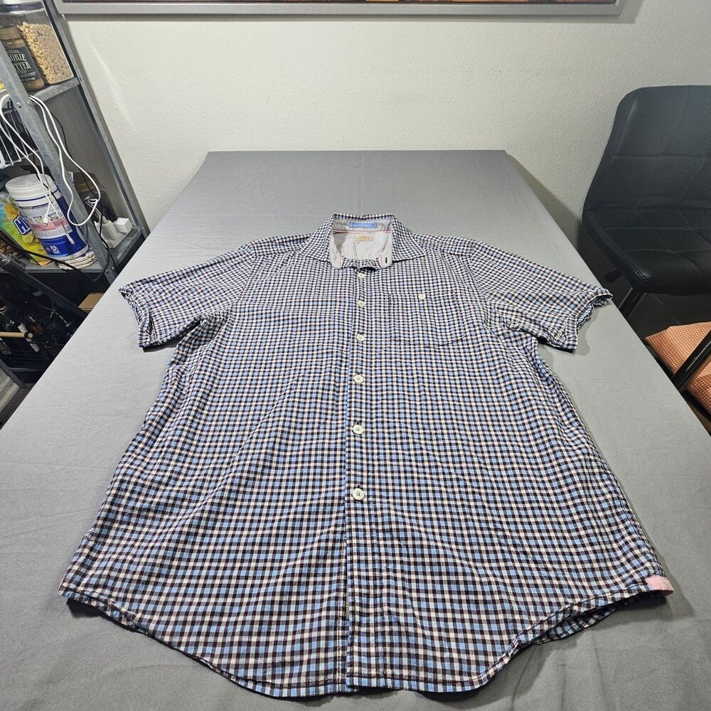 Tommy Bahama Mens L Large Short Sleeve Plaid Gingham Button Front Cotton Blend